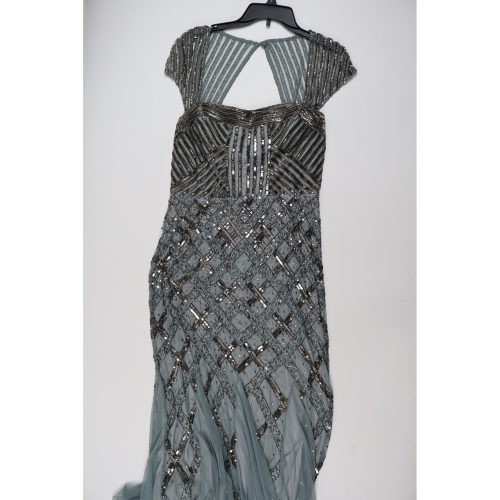 Adrianna Papell Gown Cap Sleeve Beaded Slate Blue Geometric 16 NWT
